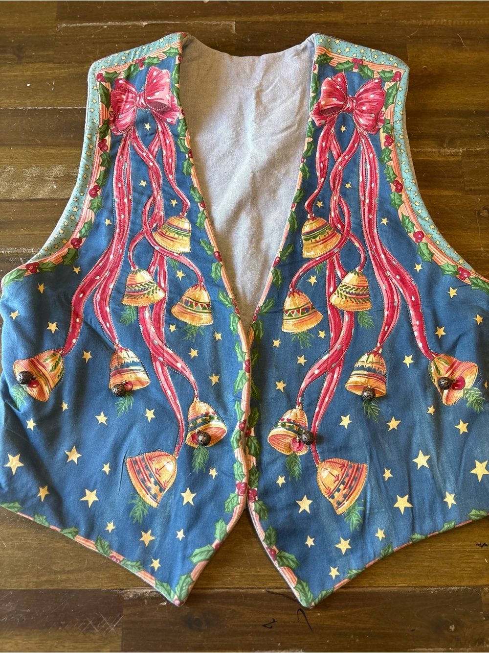 Vintage Handmade Quilted Holiday Vest Ribbon Bow Christmas Bells Patchwork Art